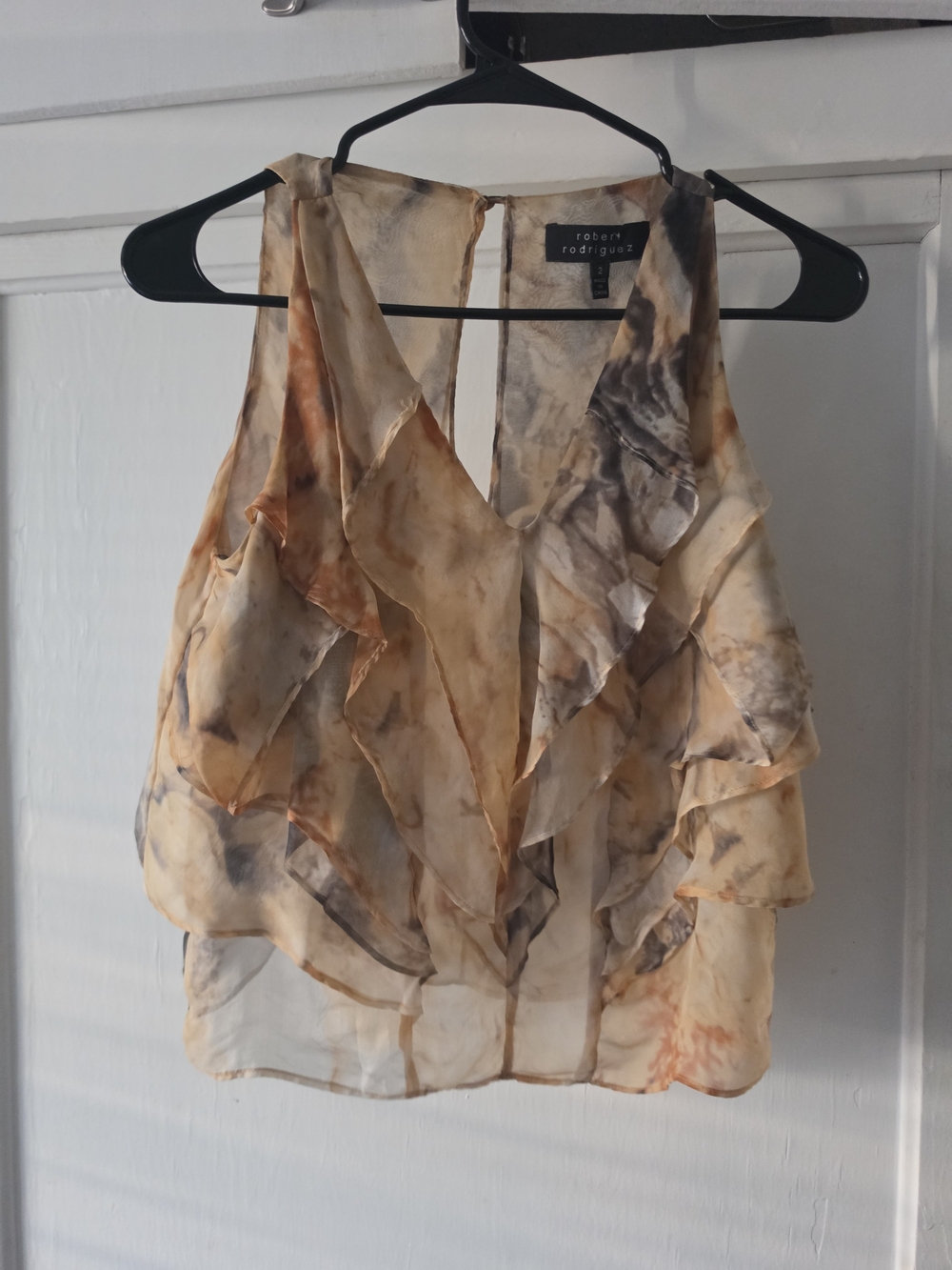 Y2k Robert Rodriguez Sheer 100%silk Ruffle Camisole in Cream and Tan Watercolor
